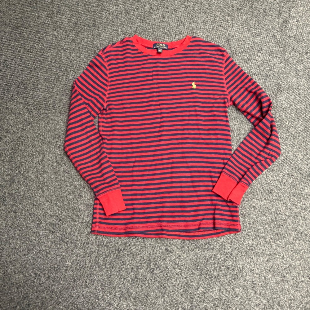 Polo Ralph Lauren Boys Large 14-16 Red Navy Blue Striped Waffle Thermal Shirt